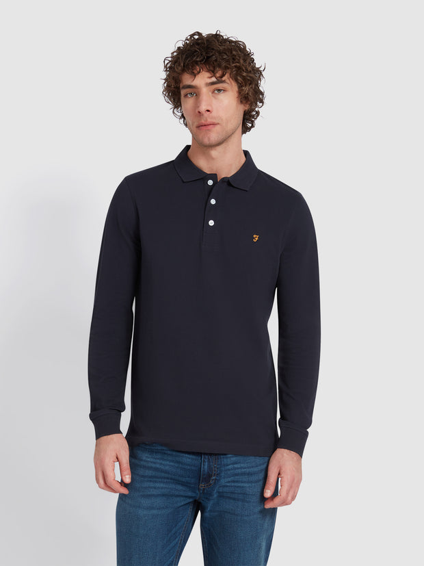 Blanes Organic Cotton Long Sleeve Polo Shirt In True Navy