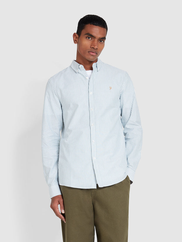 Brewer Slim Fit Striped Organic Cotton Oxford Shirt In Green Meadow