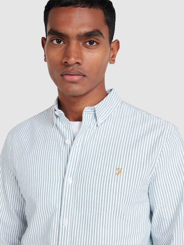 Brewer Slim Fit Striped Organic Cotton Oxford Shirt In Green Meadow