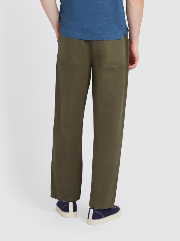 Greenport Loose Fit Canvas Trousers In Olive Green