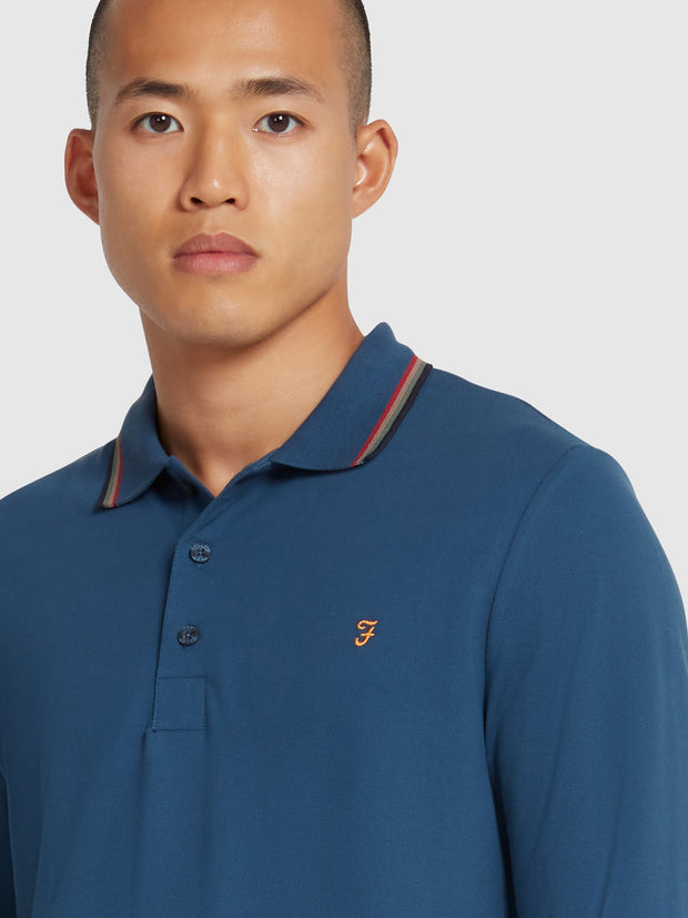 Alvin Tipped Collar Long Sleeve Polo Shirt In Deep Blue