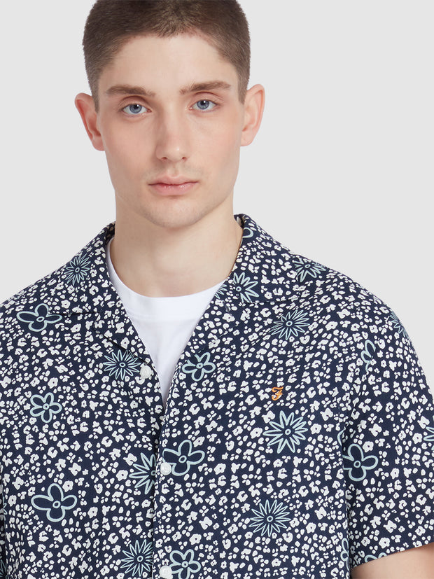 Landon Short Sleeve Floral Print Shirt In True Navy