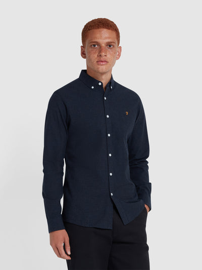 Steen Slim Fit Brushed Organic Cotton Shirt In True Navy Marl