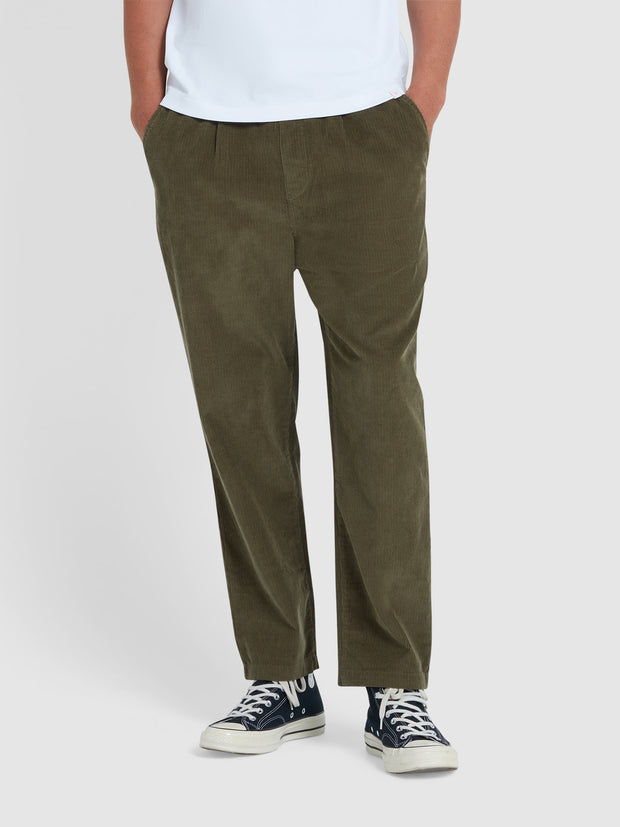 Hawtin Relaxed Tapered Fit Cord Drawstring Trousers In Olive Green