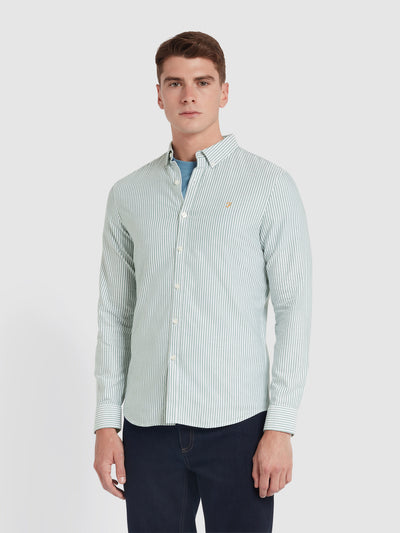 Brewer Slim Fit Striped Organic Cotton Oxford Shirt In Dark Ocean Green