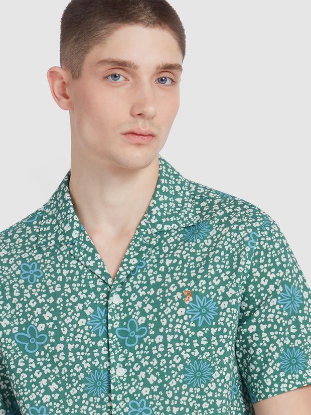 Landon Short Sleeve Floral Print Shirt In Green Meadow