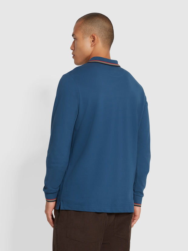 Alvin Tipped Collar Long Sleeve Polo Shirt In Deep Blue