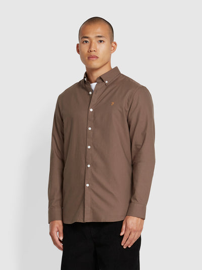 Brewer Slim Fit Organic Cotton Oxford Shirt In Mushroom Grey