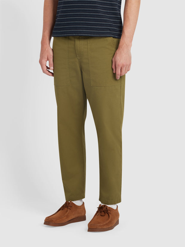 Hawtin Relaxed Tapered Fit Fine Twill Patch Trousers In Green Khaki