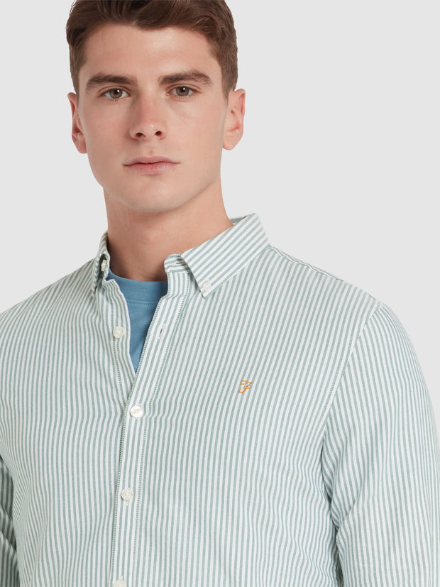 Brewer Slim Fit Striped Organic Cotton Oxford Shirt In Dark Ocean Green