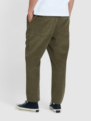 Hawtin Relaxed Tapered Fit Cord Drawstring Trousers In Olive Green