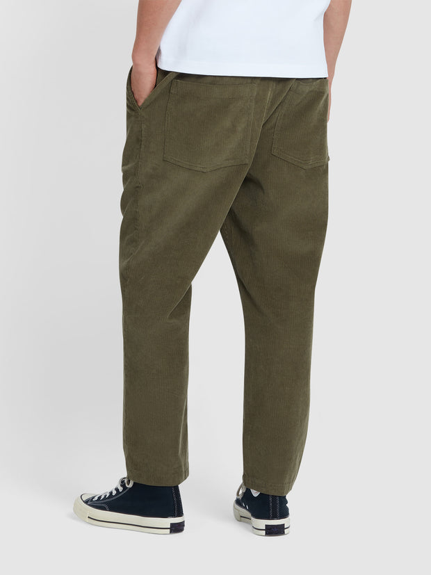 Hawtin Relaxed Tapered Fit Cord Drawstring Trousers In Olive Green